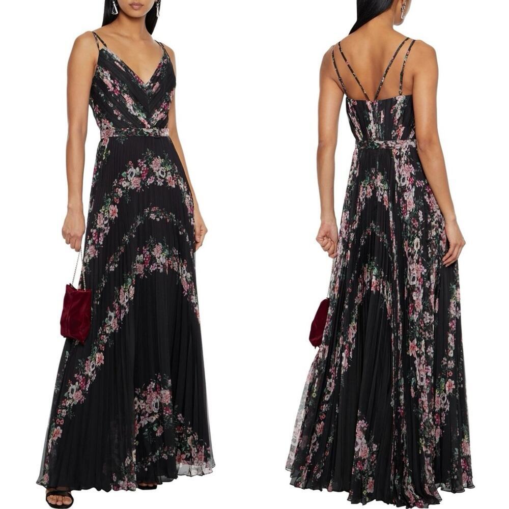 NWT MARCHESA NOTTE Belted pleated floral-print chiffon gown